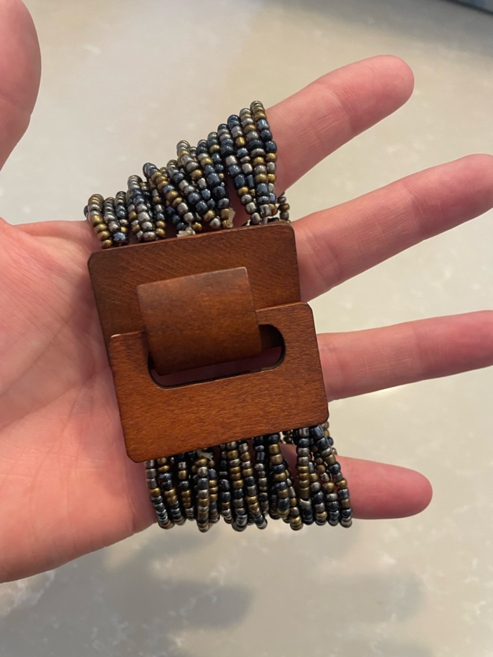 Wood Bead Multi-Strand Stretch Bracelet Watch Strap in Brown and Black